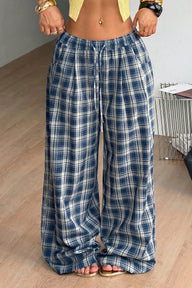 Pantaloni Naomi a gamba larga con coulisse e motivo a quadri