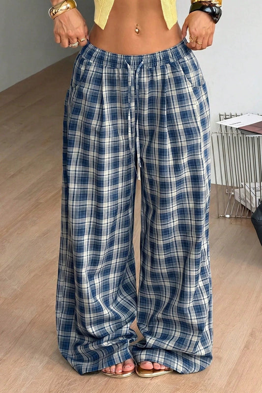 Pantalon Naomi large à carreaux avec cordon