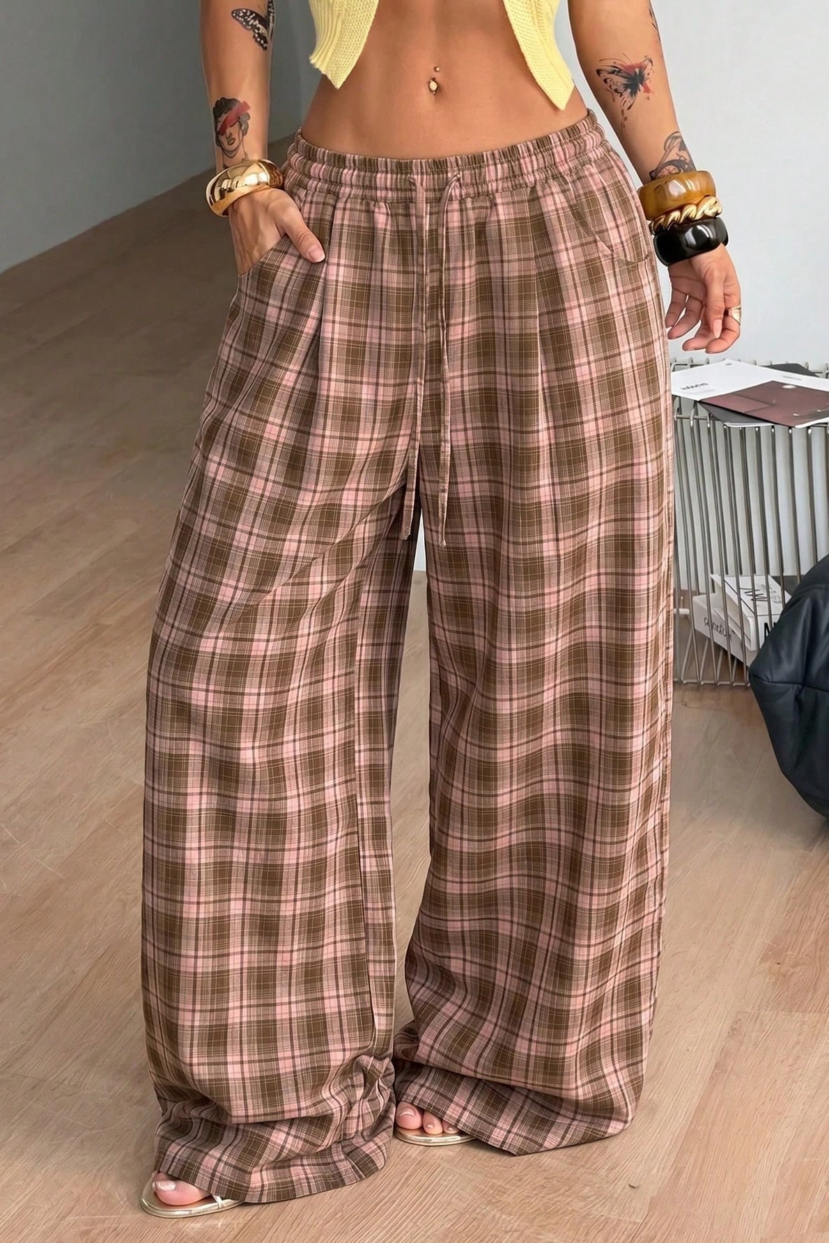 SOKYND Naomi Drawstring Wide Leg Plaid Pants PantsSOKYND-172119-BRO-L-42807BrownL