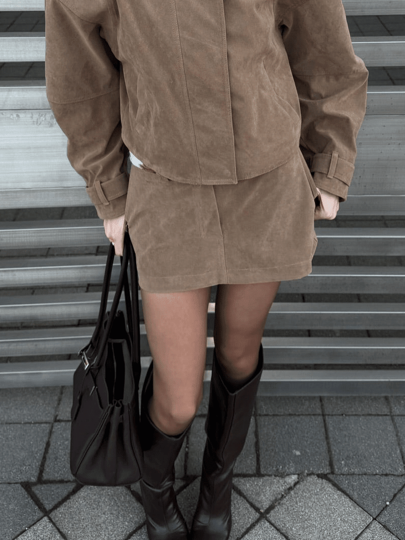 SOKYND Naomi Suede Cropped Coat & Skirt Set Matching SetsSOKYND-571351-CRO-BEIGE-22455Cropped Coat & Mini Skirt SetBeigeS