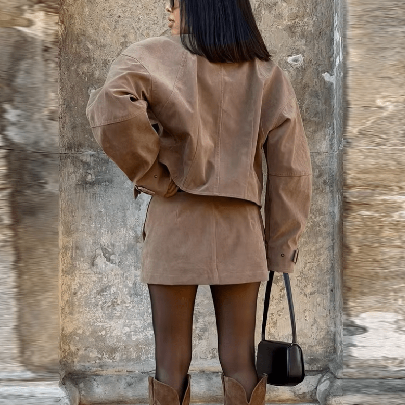 SOKYND Naomi Suede Cropped Coat & Skirt Set Matching SetsSOKYND-571351-CRO-BEIGE-22455Cropped Coat & Mini Skirt SetBeigeS