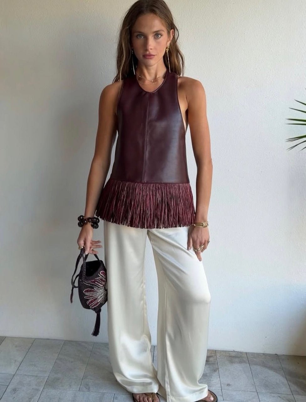 SOKYND Nicole Faux Leather Fringe Halter Top TopSOKYND-728535-BUR-S-64951BurgundyS
