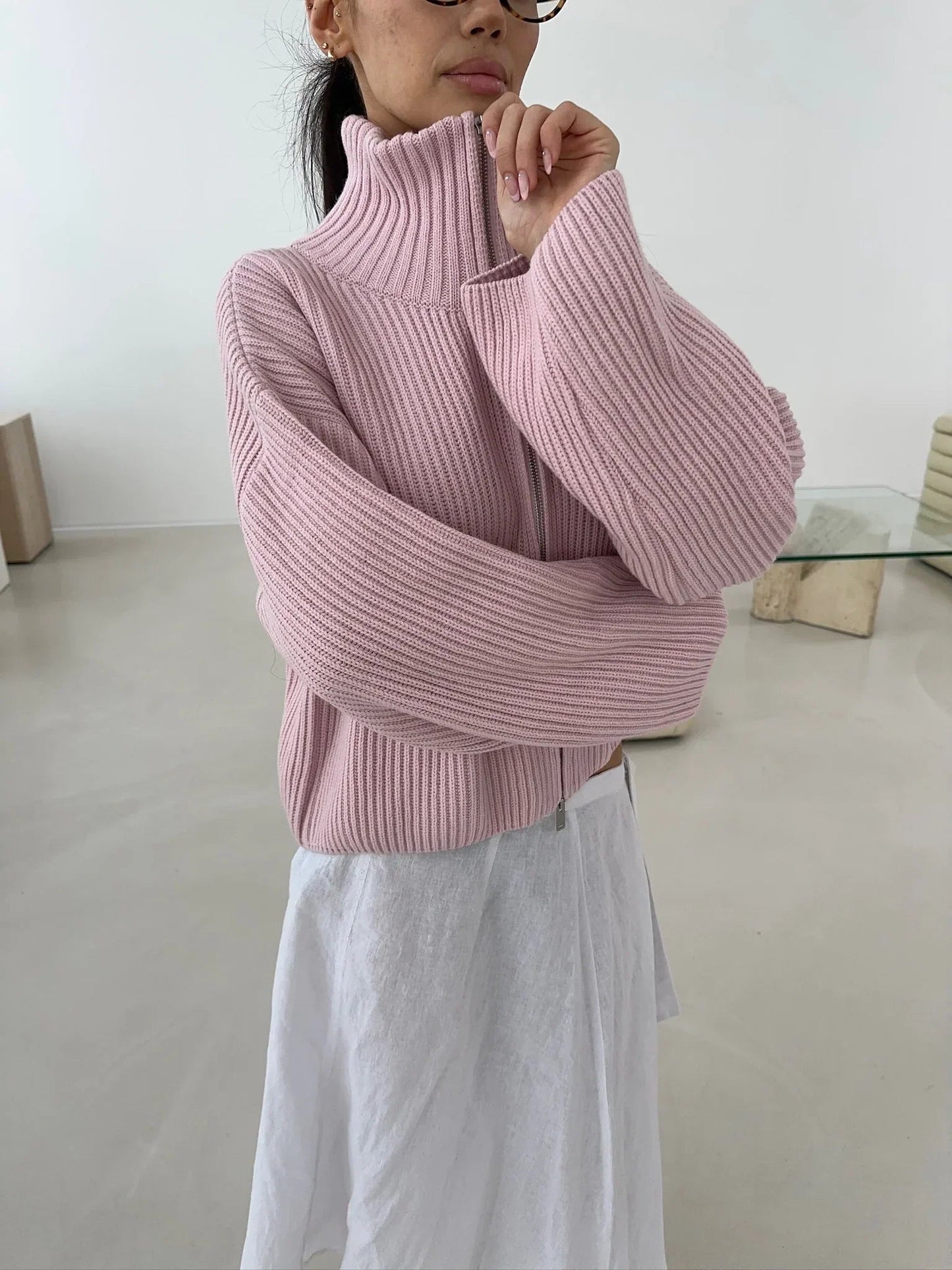 SOKYND Nicole Oversized Ribbed Zip-Up Sweater SweaterSOKYND-441431-PIN-S-33783PinkS