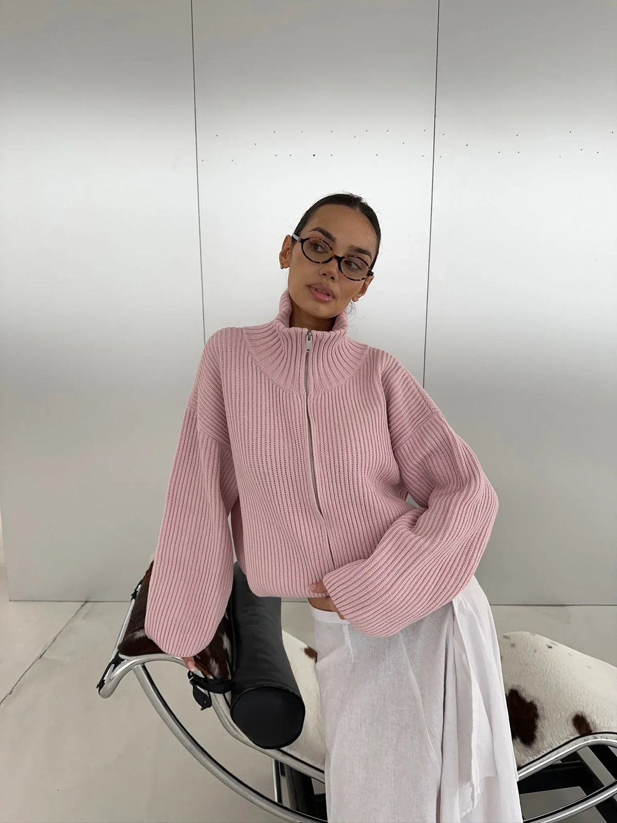SOKYND Nicole Oversized Ribbed Zip-Up Sweater SweaterSOKYND-441431-PIN-S-33783PinkS