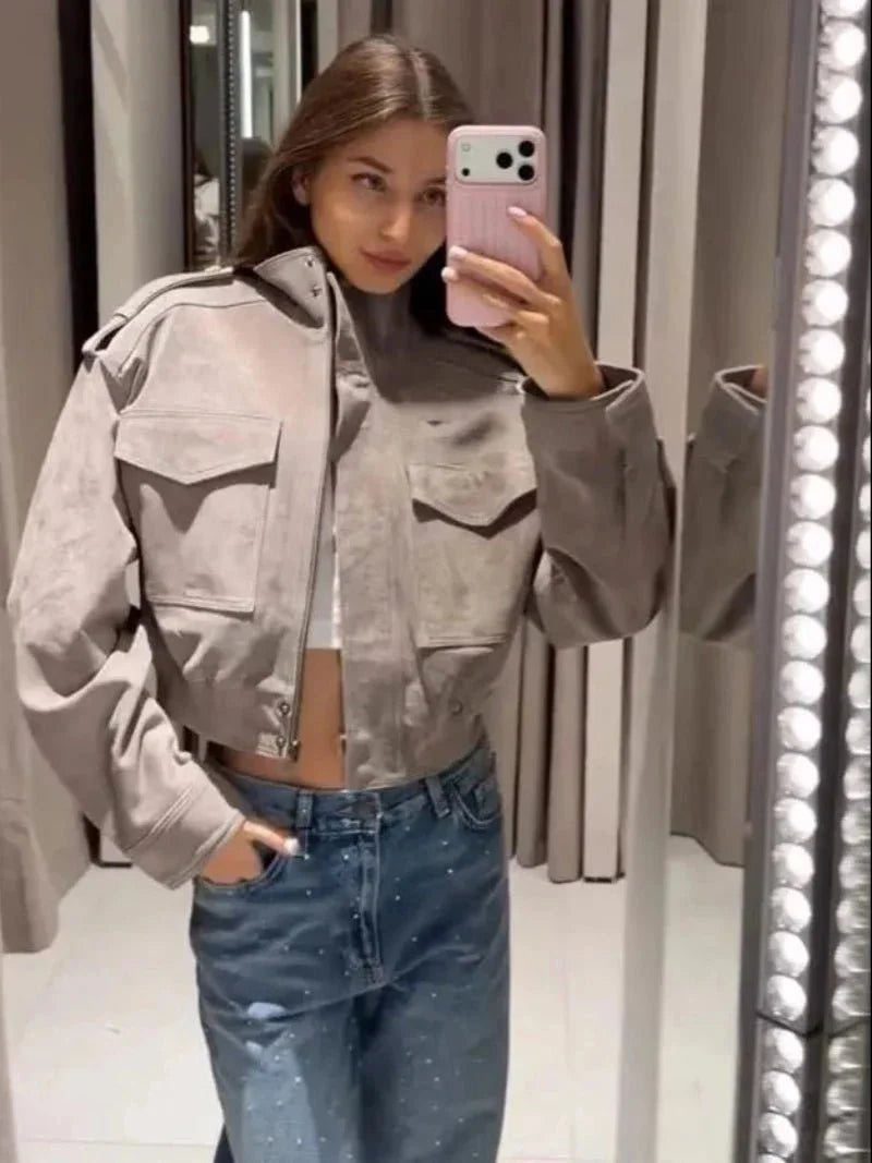 SOKYND Nina Faux Suede Cropped Jacket JacketSOKYND-838551-GRE-L-50647GreyL
