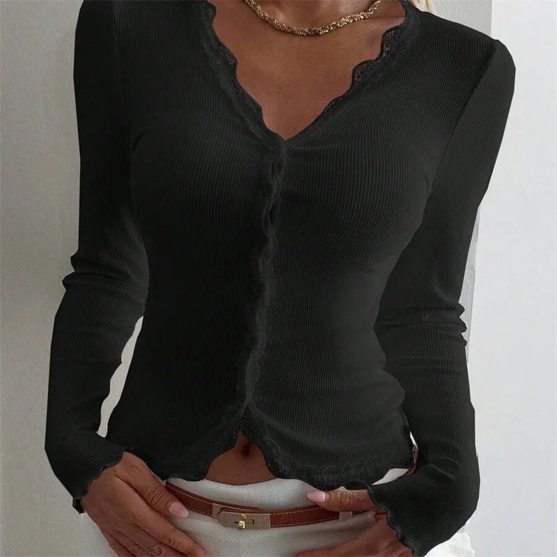 SOKYND Nora Ribbed Lace Trim V - Neck Blouse BlouseBlackS