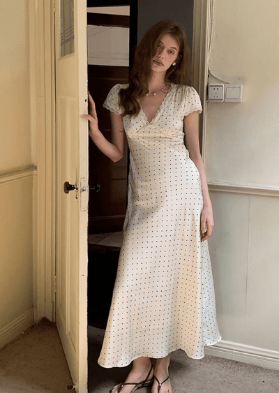 SOKYND Ora Printed Satin Midi Dress DressesCF1772777205905977126White Polka DotsM