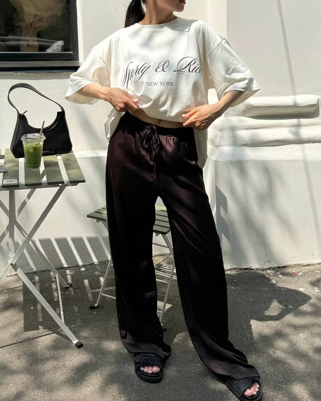 SOKYND Paige High Waist Satin Wide Leg Trousers BottomsBrownM