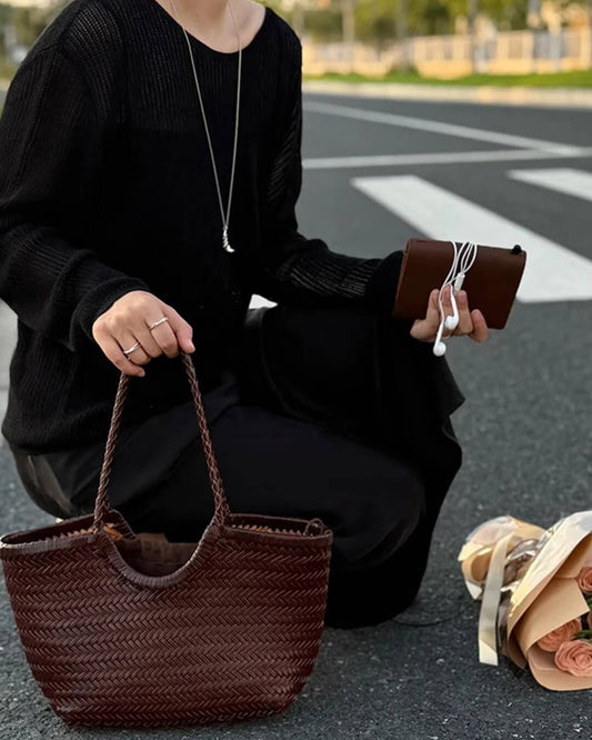 SOKYND Petra Handwoven Leather Tote Bag BagsBrownL