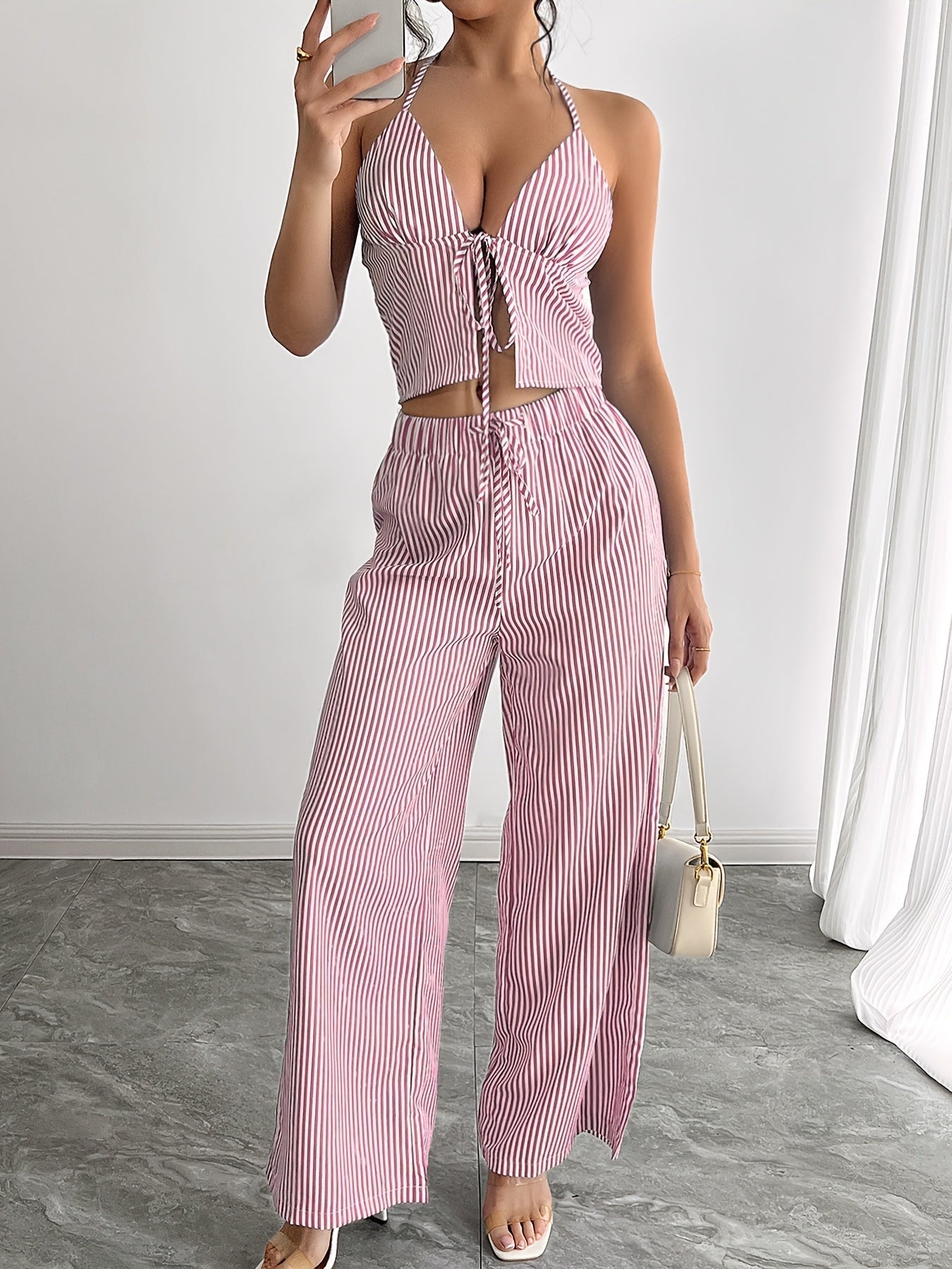 SOKYND Phoenix Striped Halter Tank Top Set TopSOKYND-043735-PIN-XS-16247PinkXS