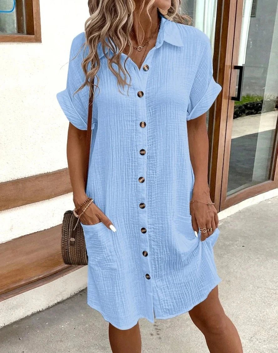 Polina Cotton Linen V-Neck Mini Dress - Women's Linen Dress - Casual Mini Dress