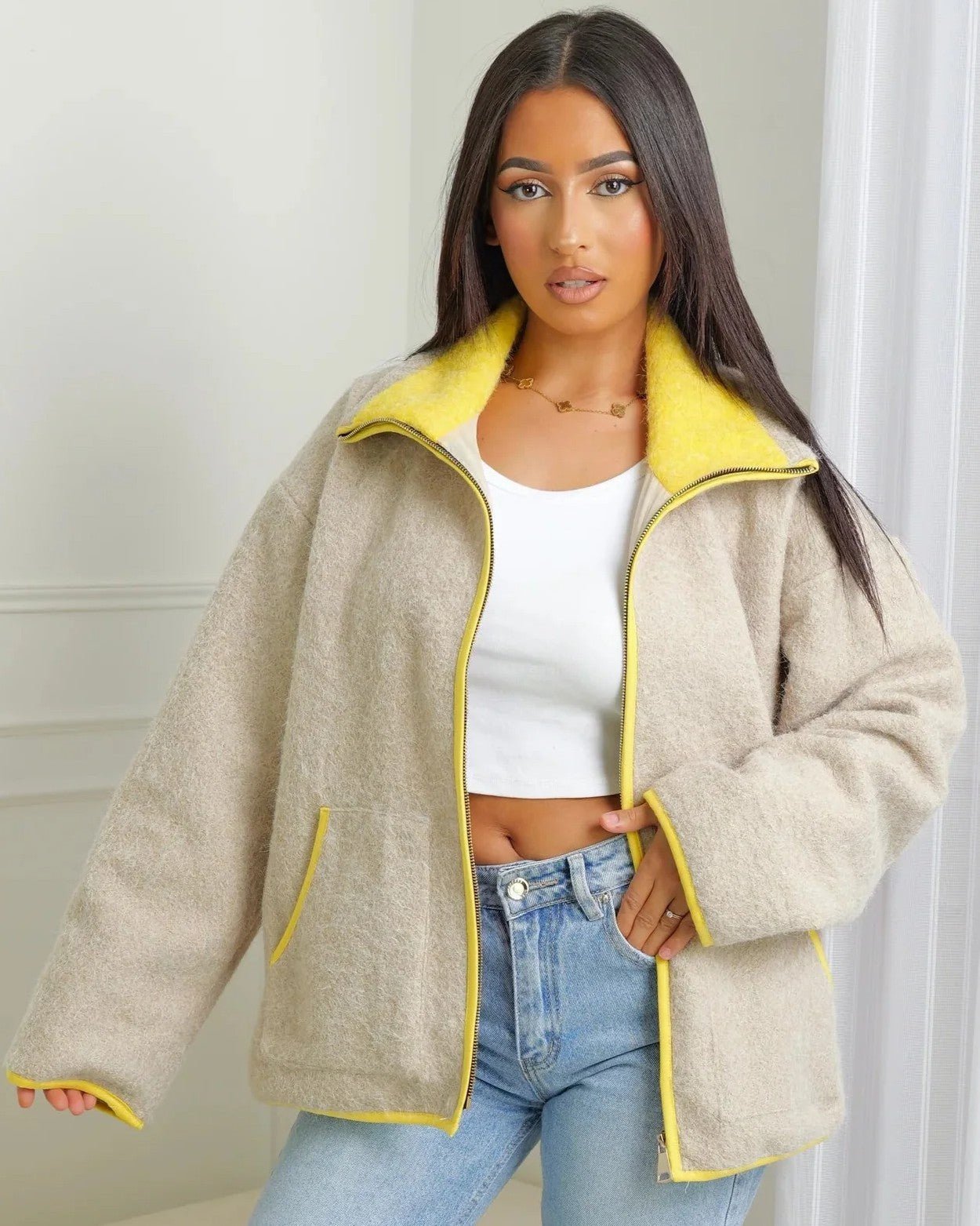 SOKYND Ruby Stand Collar Contrast Knit Pilot Jacket JacketSOKYND-339351-GRE-S-04887GreyS