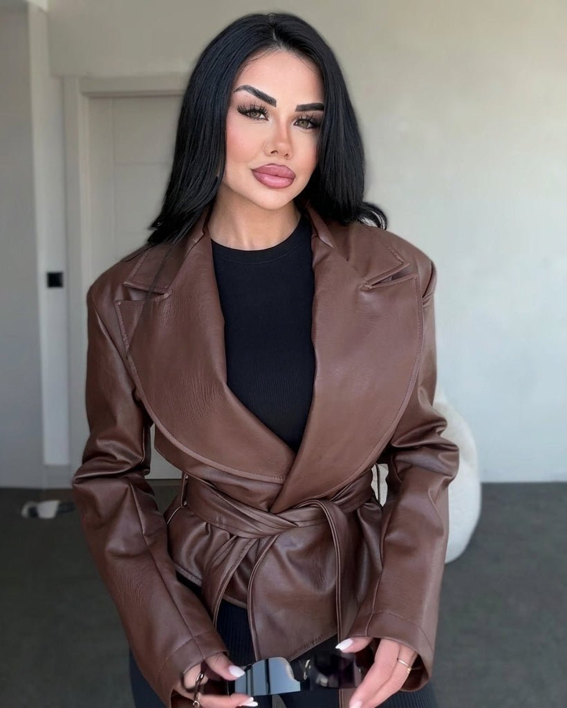 SOKYND Ruth Lace-Up Faux Leather Blazer Jacket JacketSOKYND-384855-BRO-M-20151BrownM