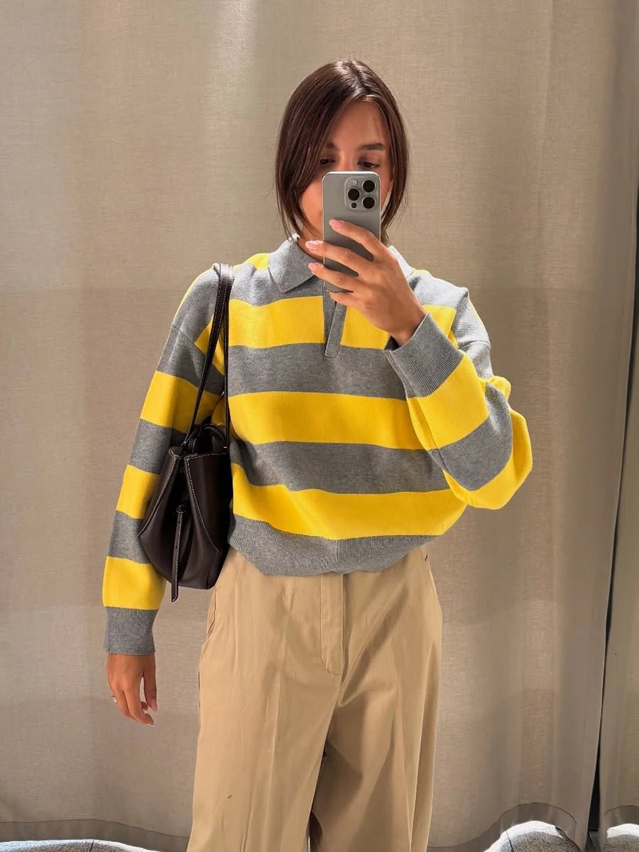 SOKYND Sabine Striped V - Neck Knit Pullover TopL