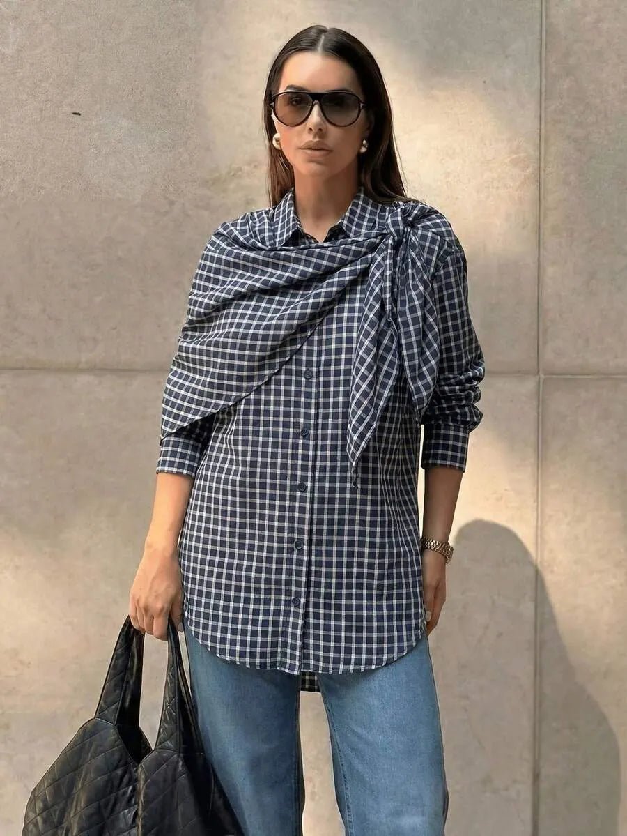 SOKYND Sabrina Plaid Scarf-Tie Shirt BlouseSOKYND-228247-NAV-L-82519NavyL