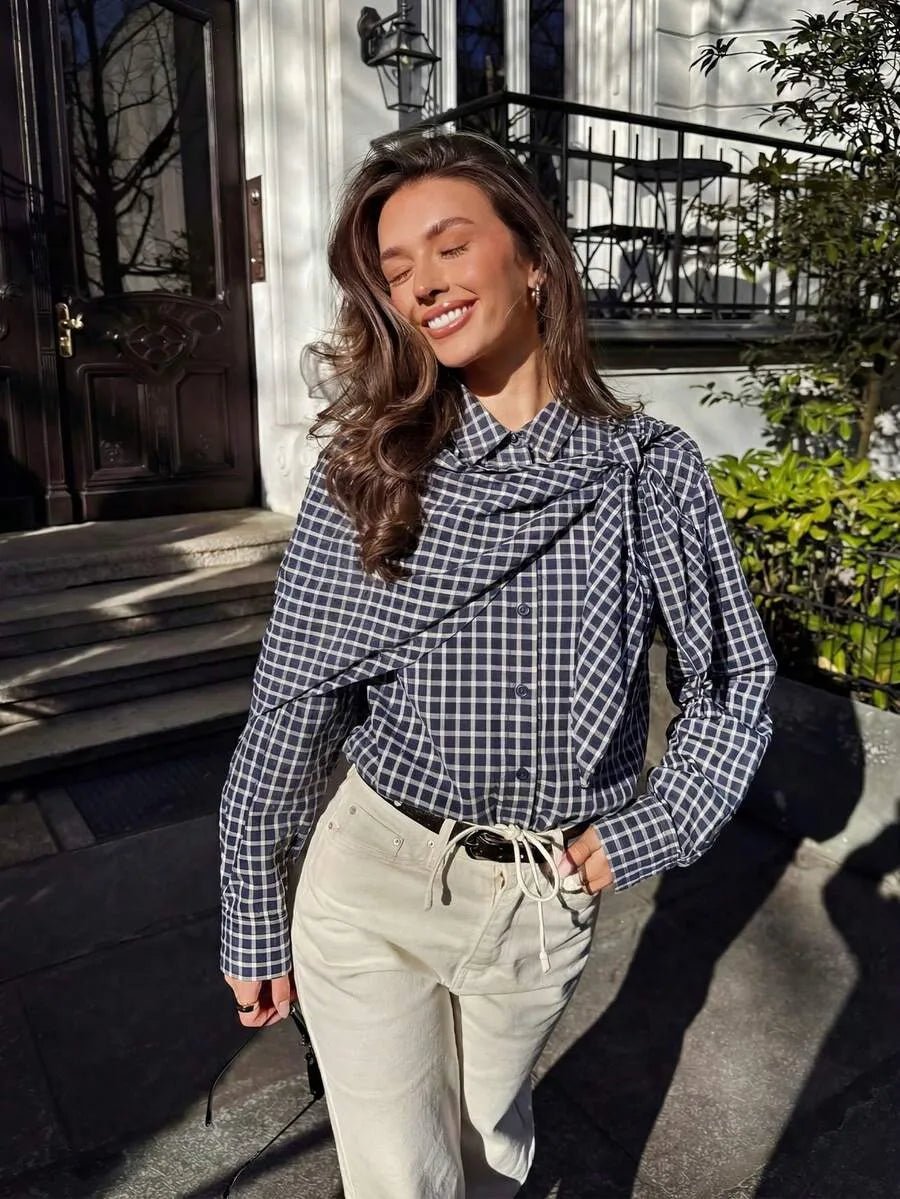 SOKYND Sabrina Plaid Scarf-Tie Shirt BlouseSOKYND-228247-NAV-M-49751NavyM