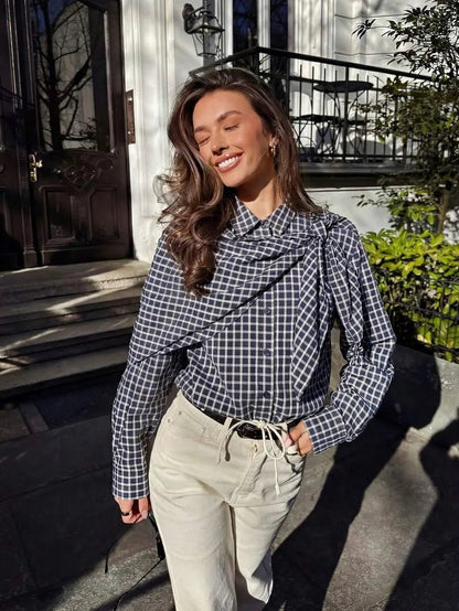 SOKYND Sabrina Plaid Scarf-Tie Shirt BlouseSOKYND-228247-NAV-M-49751NavyM