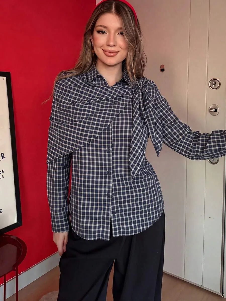 SOKYND Sabrina Plaid Scarf-Tie Shirt BlouseSOKYND-228247-NAV-M-49751NavyM