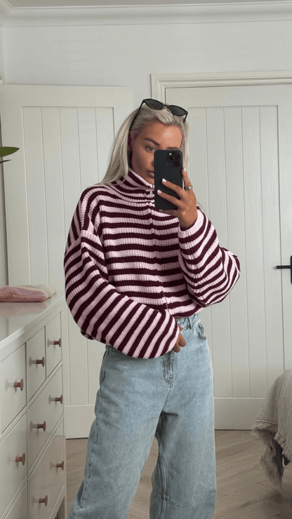 SOKYND Sarah Striped High-Neck Knit Sweater SweaterSOKYND-932951-PIN-M-21911PinkM