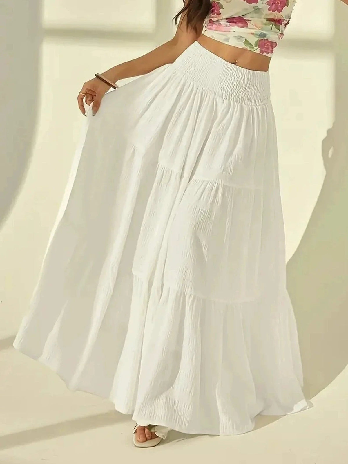 SOKYND Sienna Tiered Maxi Skirt Elastic Waist BottomsWhiteL