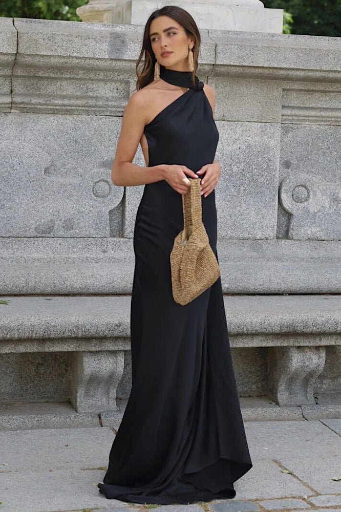 SOKYND Tirzah Satin Halter Cape Dress DressBlackS