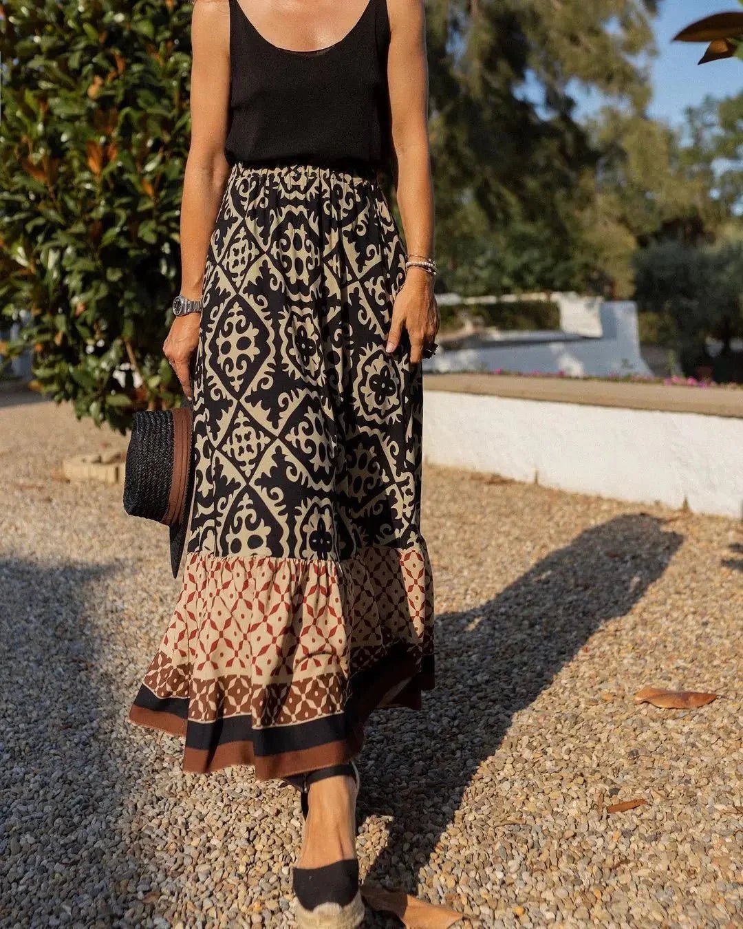 SOKYND Vianne Boho Printed Midi Swing Skirt SkirtBlackS