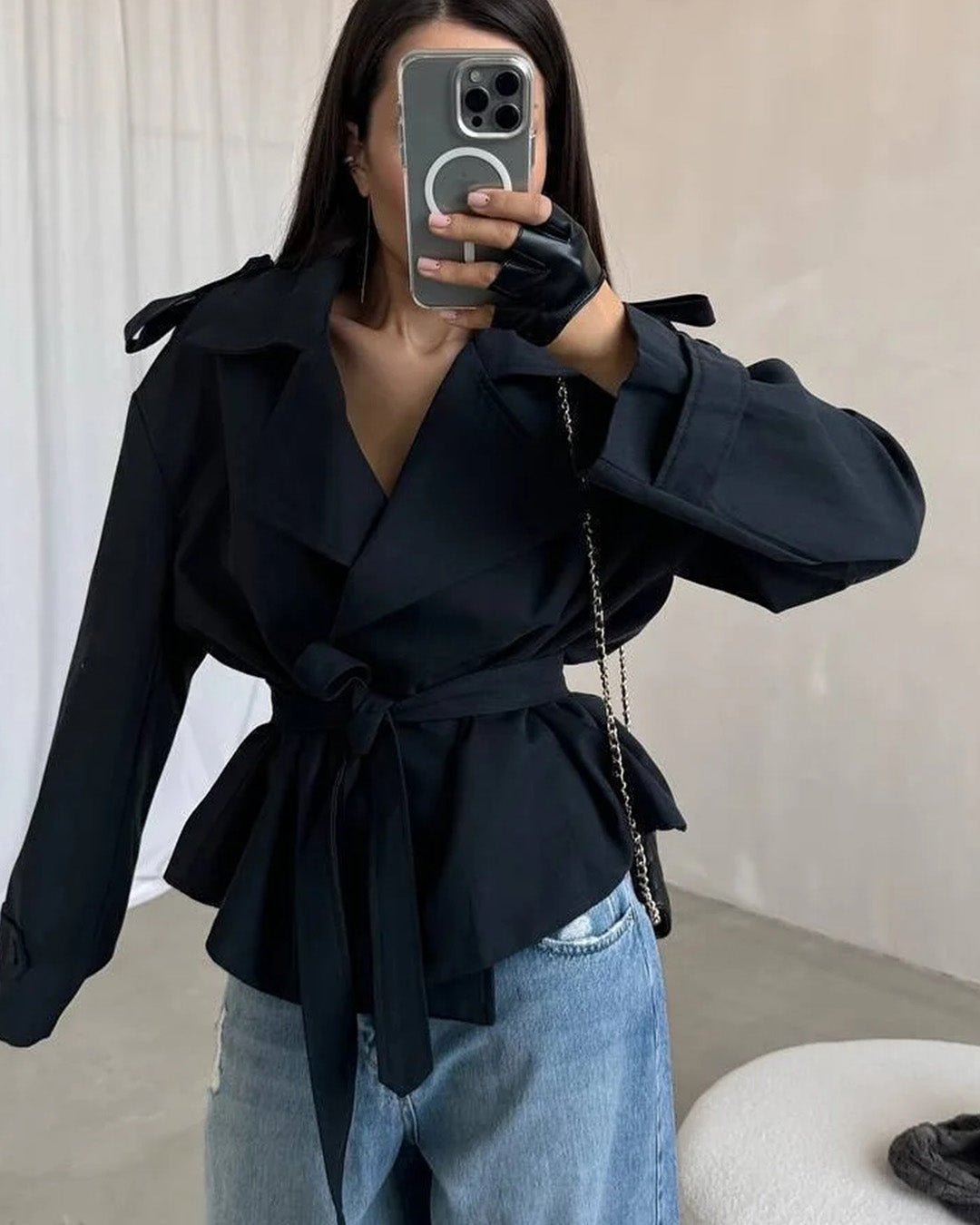 SOKYND Violy Belted Cropped Trench Coat Coats & JacketsBf1774219786681196534Dark BlueM