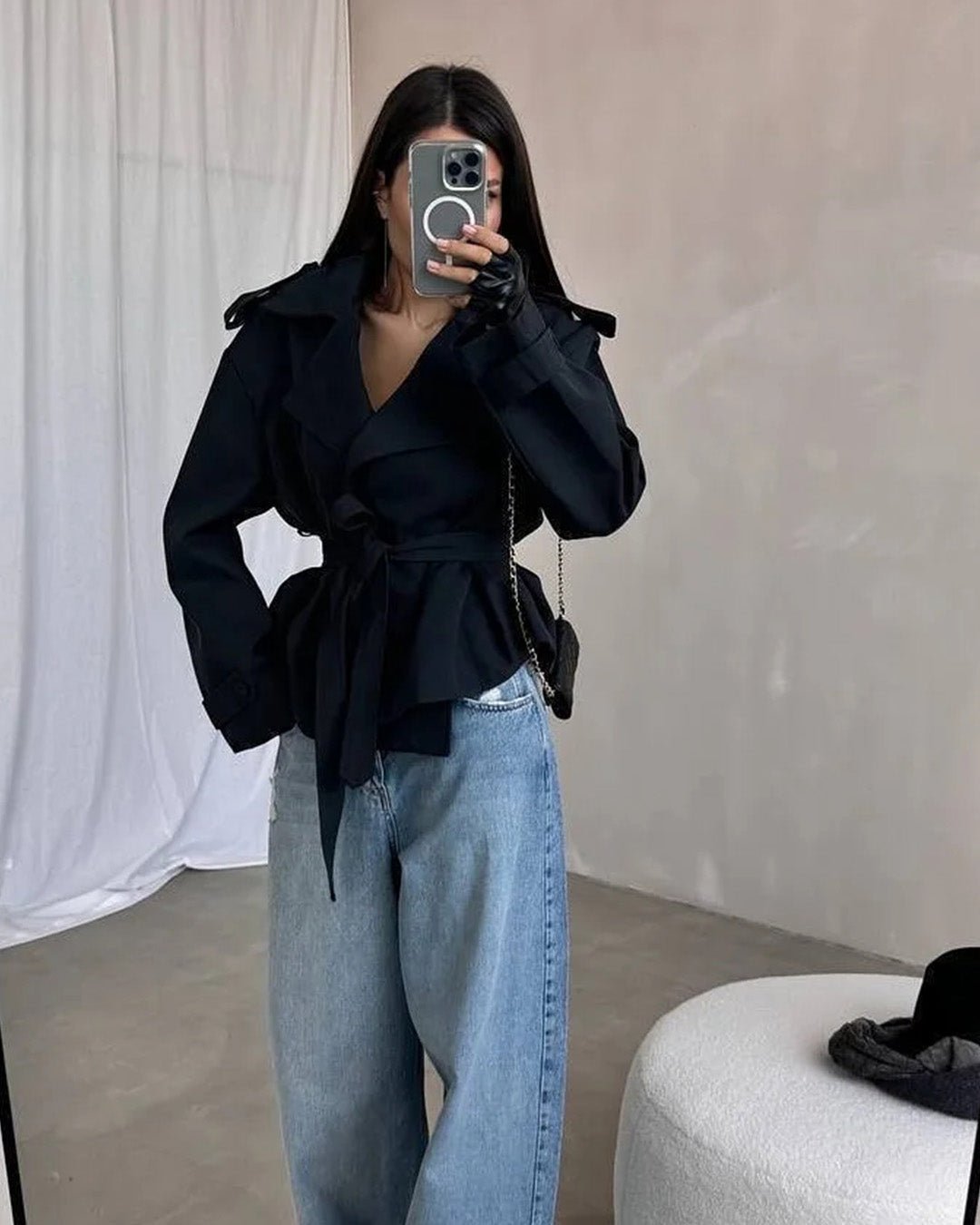 SOKYND Violy Belted Cropped Trench Coat Coats & JacketspP1774219786681113790Dark BlueS
