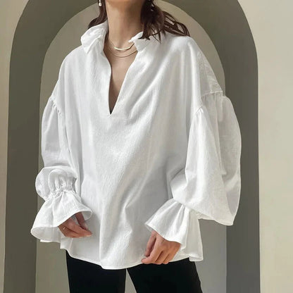 SOKYND Yelena V - Neck Puff Sleeve Blouse TopsM