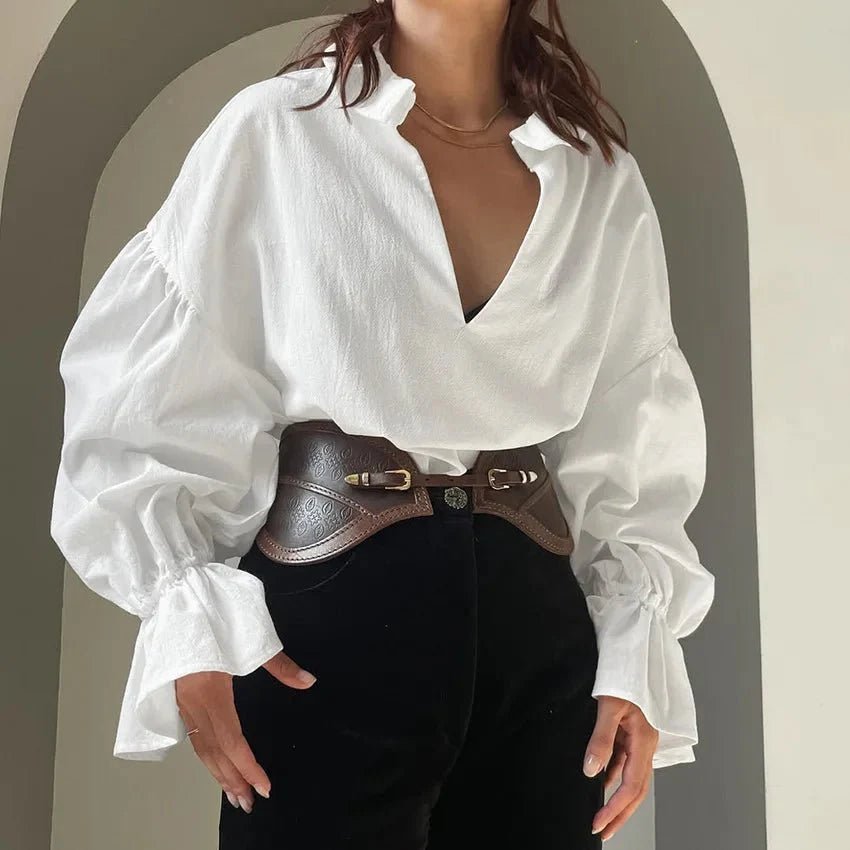 SOKYND Yelena V - Neck Puff Sleeve Blouse TopsS