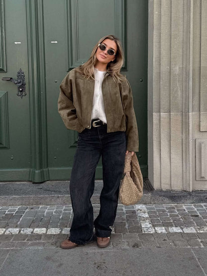 SOKYND Zelda Suede Bomber Jacket Coats & JacketsMy1767625273831949863GreenL