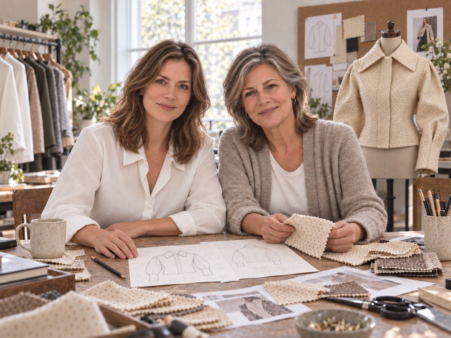Mary und Michelle an einem Arbeitstisch mit Jackenskizzen und Stoffmustern